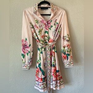 Dalia Macphee long sleeve floral shirt mini with belt dress size large
